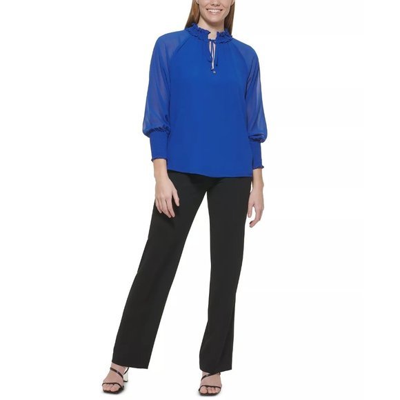 CALVIN KLEIN Long Sleeve Ruffle Collar Blouse in Klein Blue - Medium - Picture 4 of 4